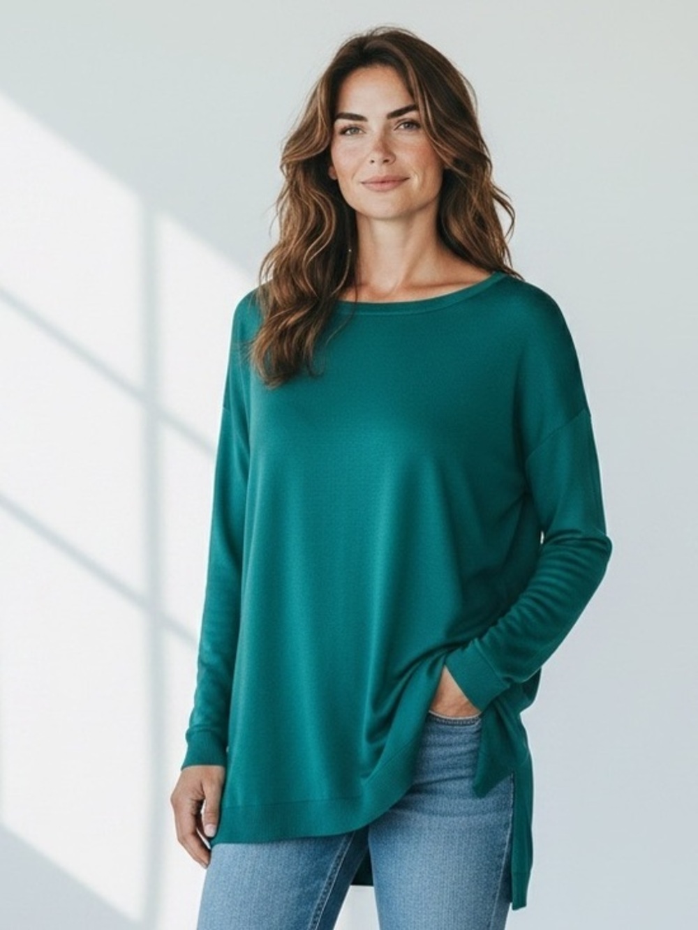 Talbots soft cotton rayon long sleeve classic green lightweight tunic in size LP